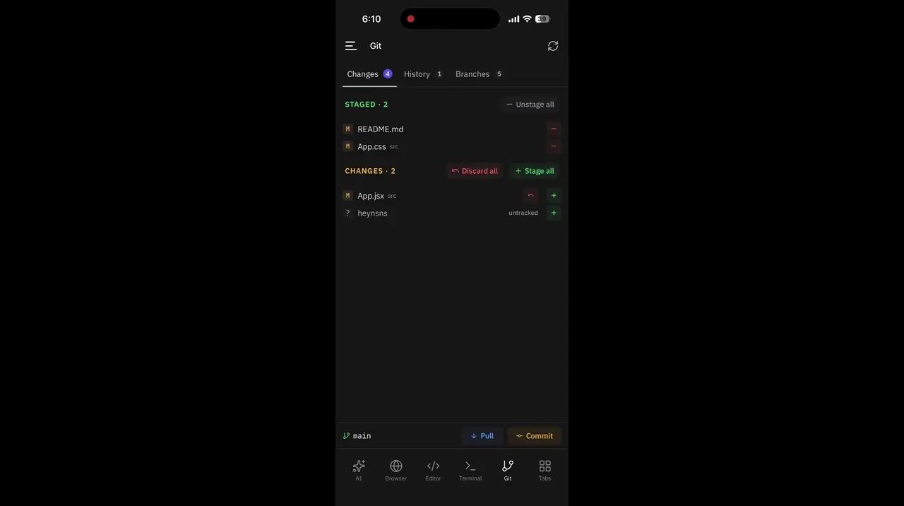 Mobile Git status and change review
